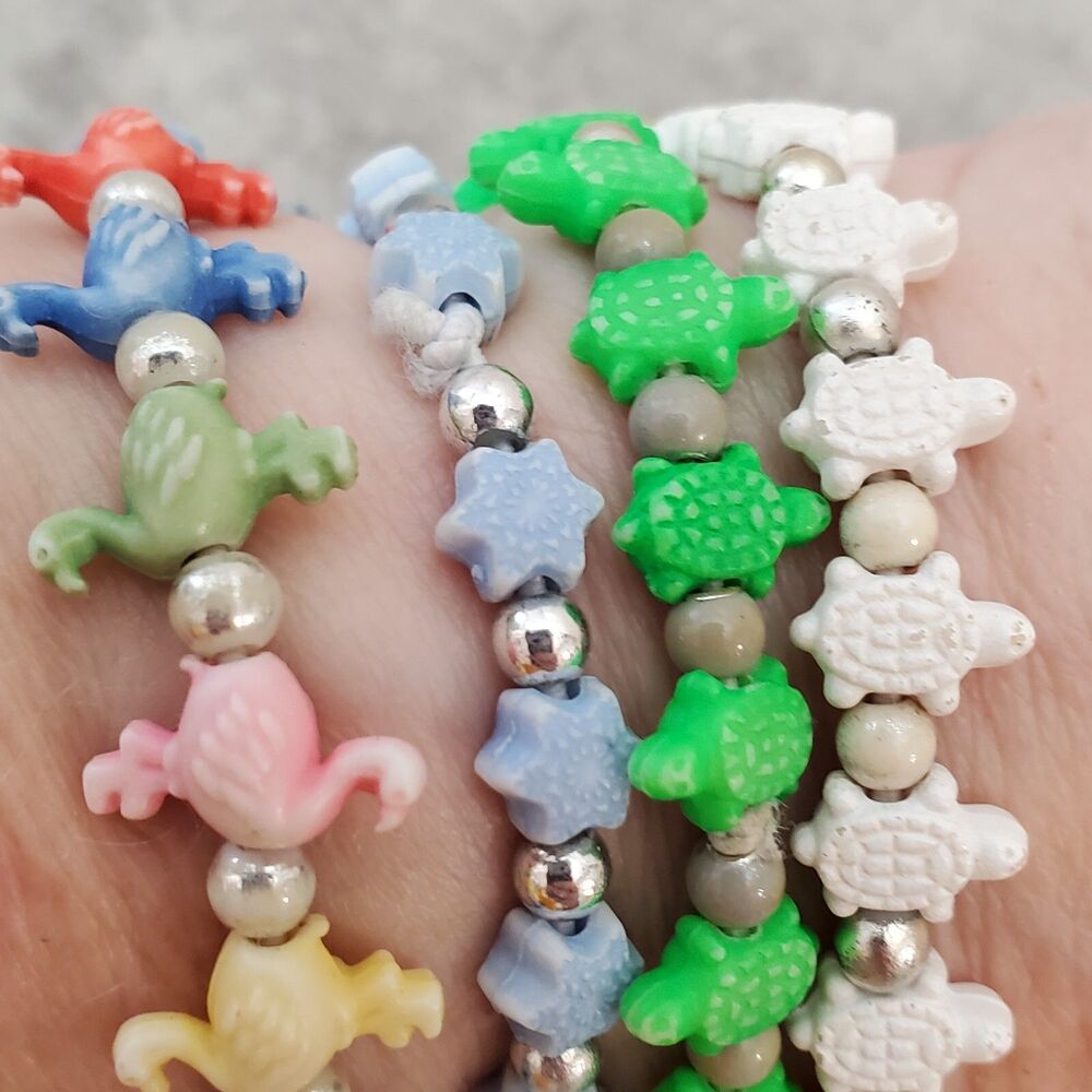 Vintage Stretch Bracelets Lot 4 Tiny Sea Turtles Flamingos Multicolor Beads 6.5"